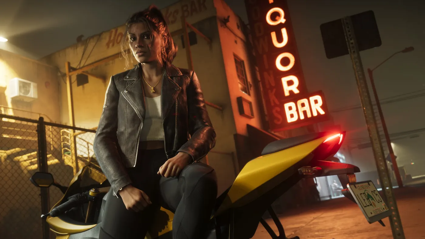 Lucia à moto devant un bar aux néons à Vice City — illustration officielle de Grand Theft Auto VI