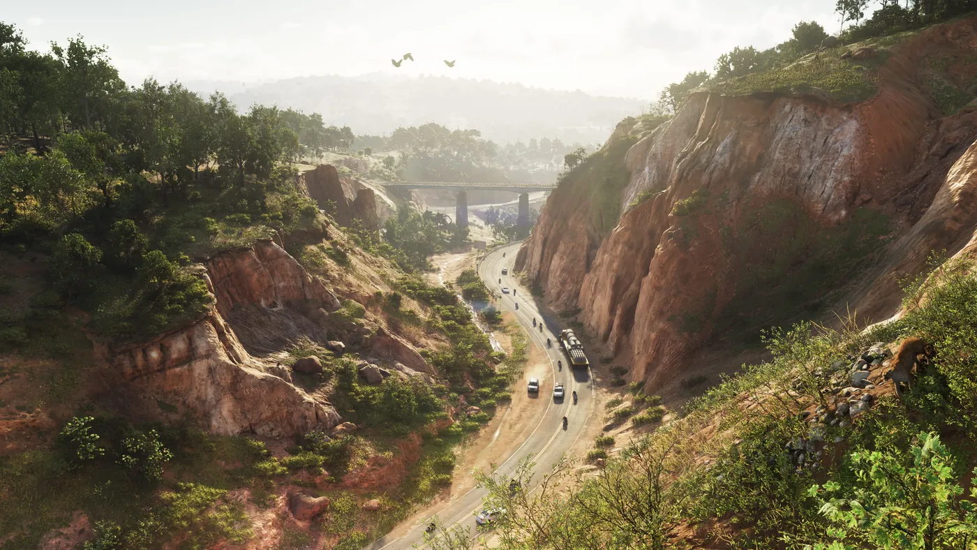 Aerial view of a highway winding through the canyons of Leonida - official Grand Theft Auto VI artwork