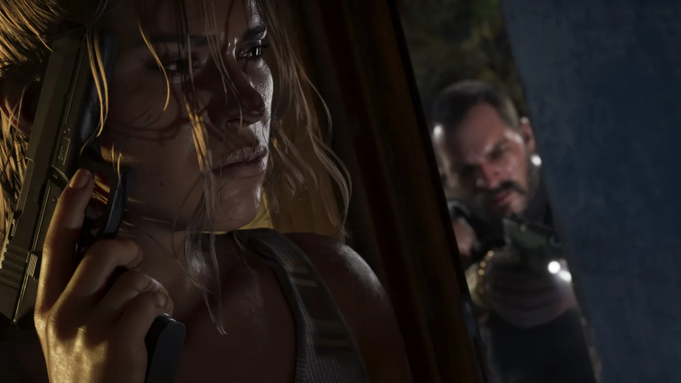 Lucia on the phone as an armed man closes in behind her - official Grand Theft Auto VI artwork